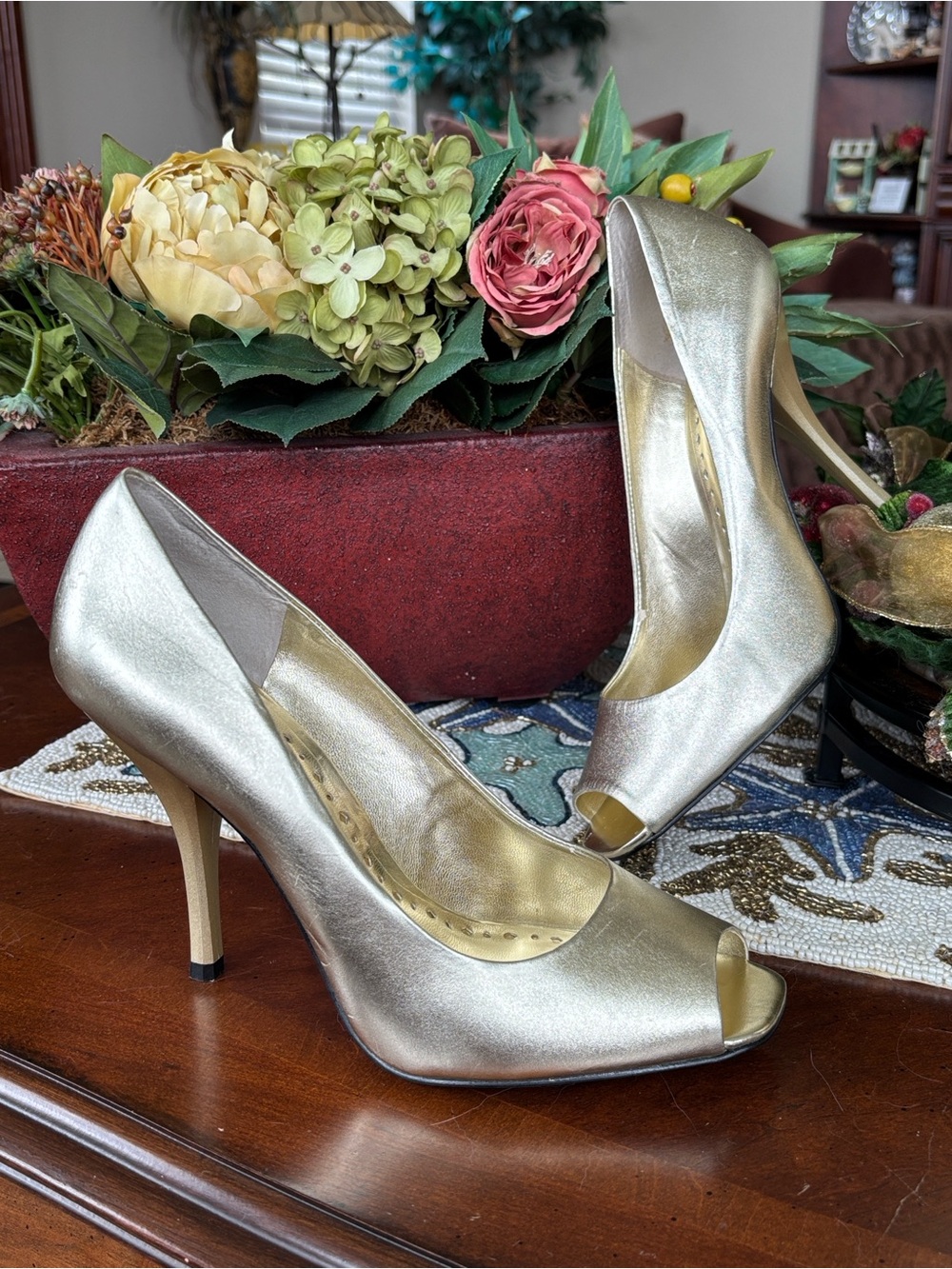 BCBGirls Genuine Leather Metallic Soft Gold Peep Toe 4" High Heels Pumps